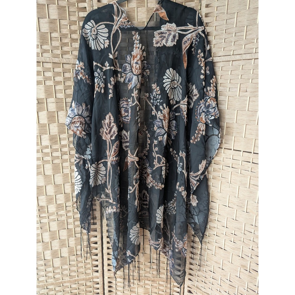 Black Burnout‎ Velvet Floral Kimono Wrap Fringe Sheer Boho Swim Coverup Resort
